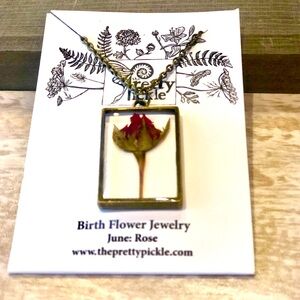 Botanical Necklace 24”, June~Rose, Pressed Birth Flower